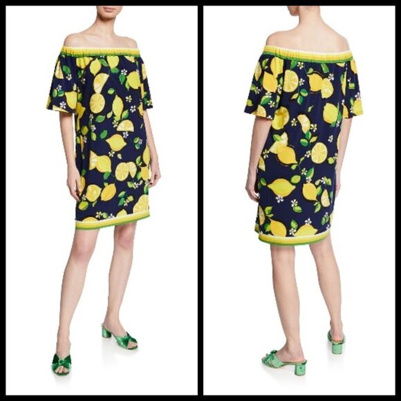 💕TRINA TURK Lemon-Print Off-Shoulder Shift Dress - Picture 4 of 8